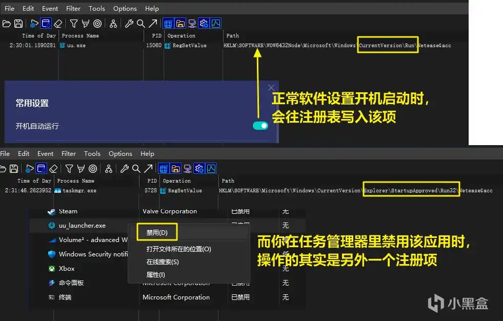 注册开机自启，和禁用开机自启是两个不同的地方